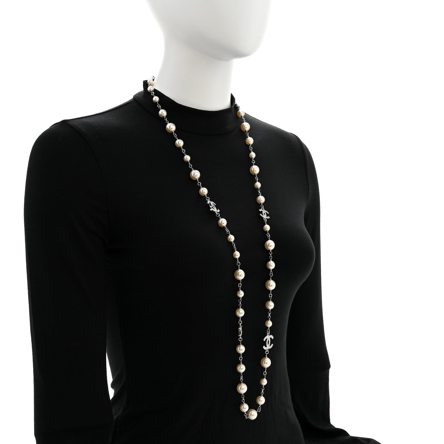 Chanel Metal Pearl Crystal Bead CC Long Necklace Black Silver 3 of 7