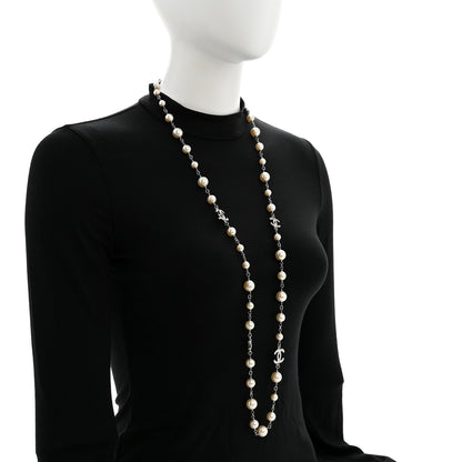 Chanel Metal Pearl Crystal Bead CC Long Necklace Black Silver 3 of 7