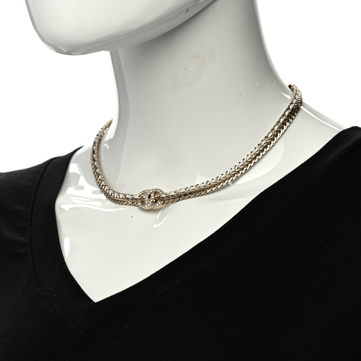 Chanel Metal Lambskin Crystal CC Choker Necklace Gold White 2 of 6