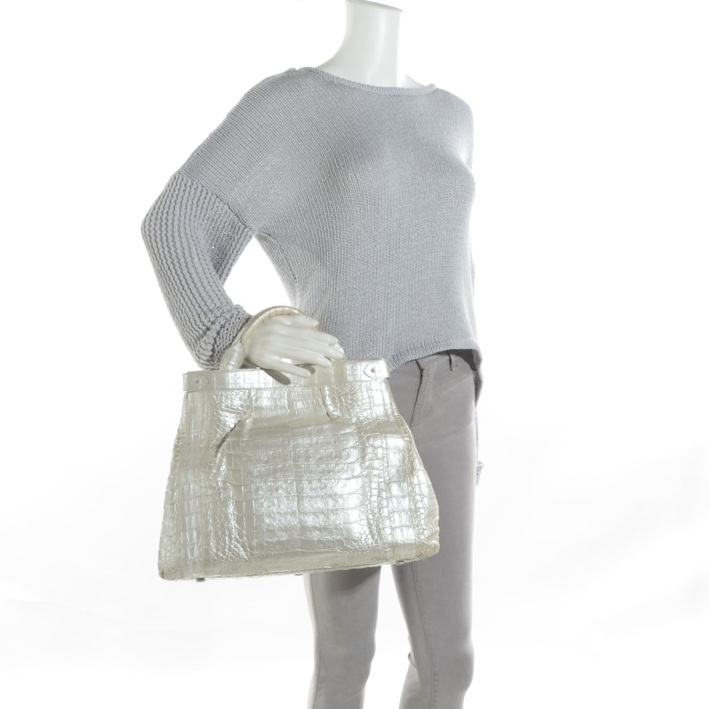 Crocodile Top Handle Bag Silver