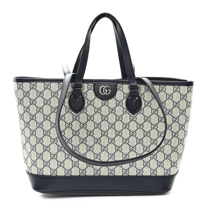 Gucci GG Supreme Monogram Textured Dollar Calfskin Medium Shoulder Tote Bag Beige Blue 1 of 12