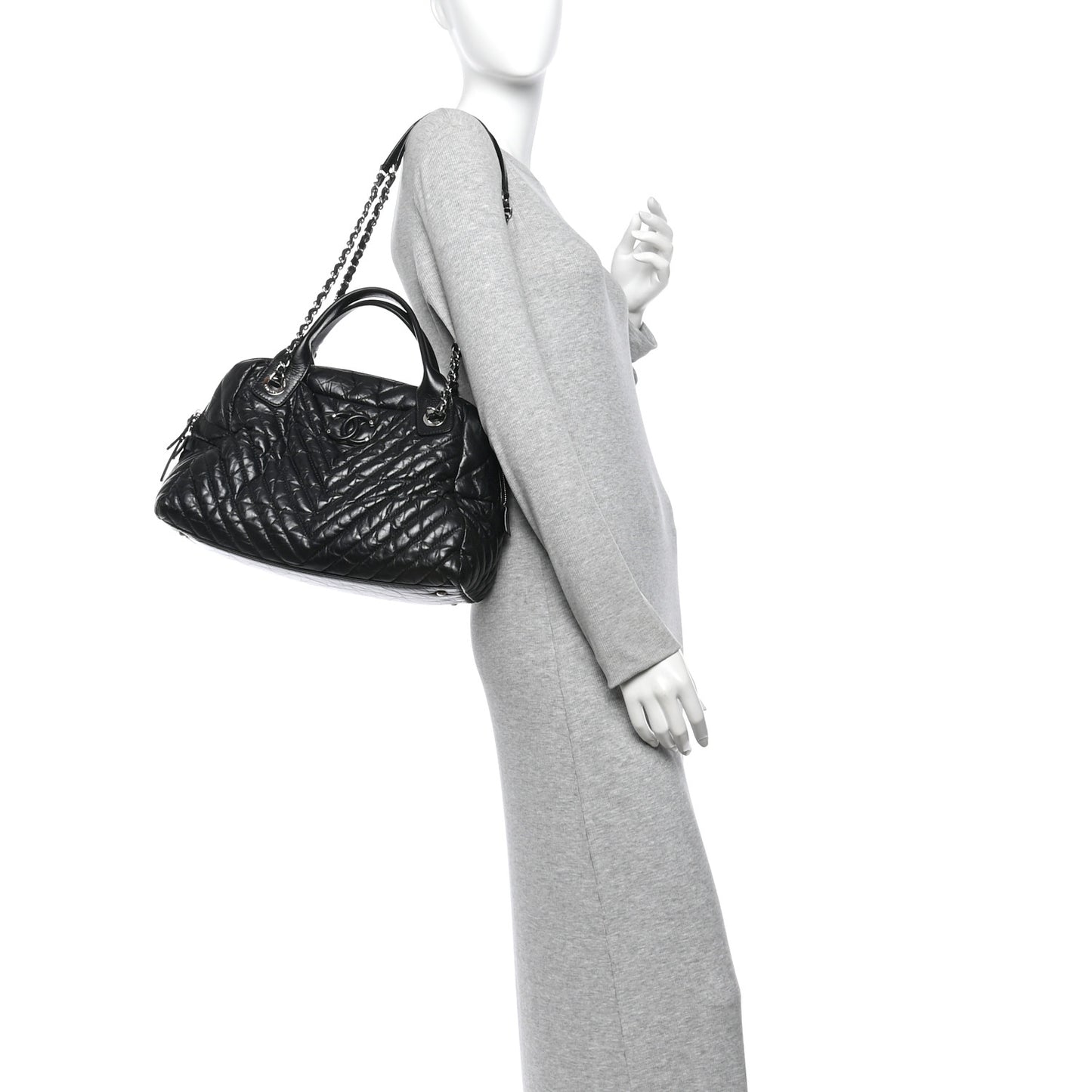 Aged Calfskin Chevron Medium Soft Bowling Bag Black