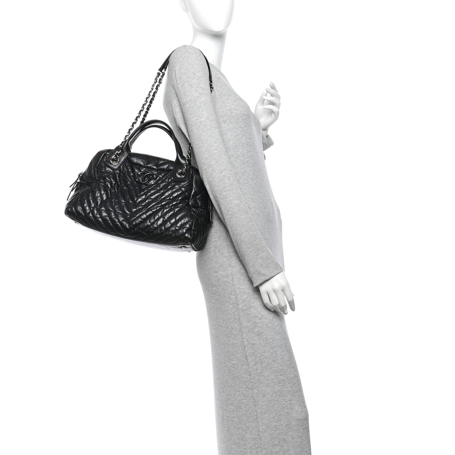 Chanel Aged Calfskin Chevron Medium Soft Bowling Bag Black 2 of 14