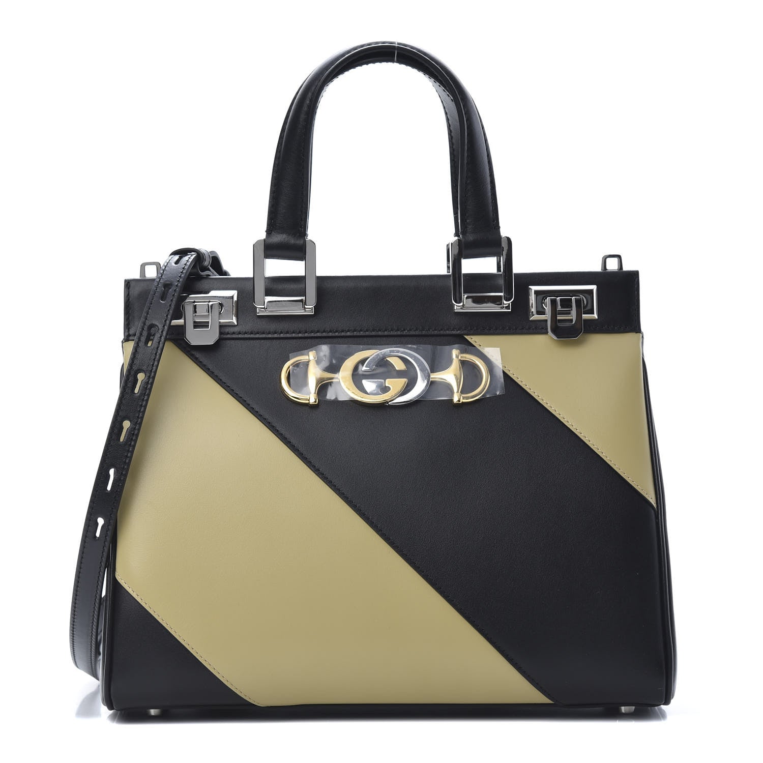 Gucci Smooth Calfskin Diagonal Striped Small Zumi Top Handle Bag Black Beige 1 of 11