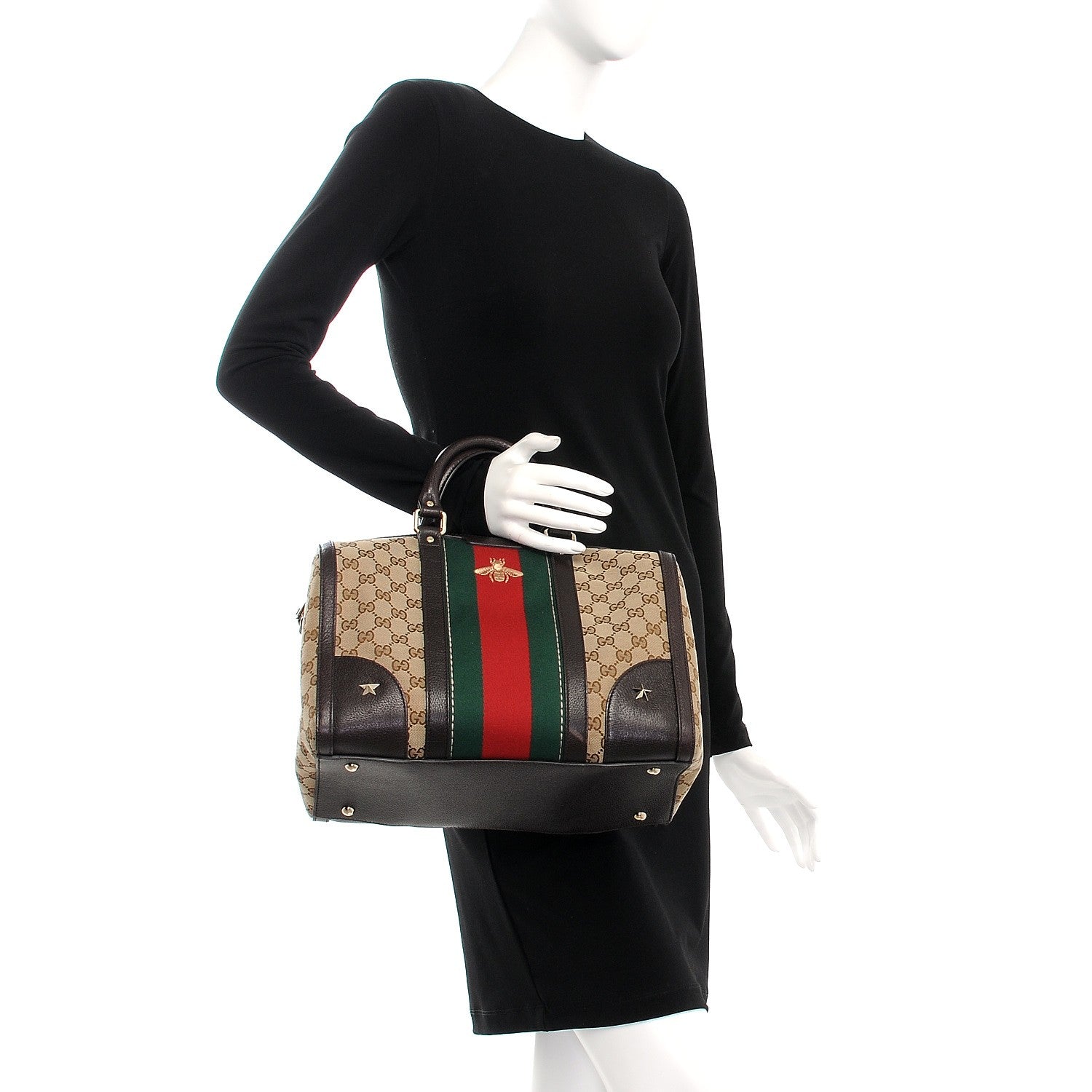 Gucci Monogram Vintage Web Medium Webby Bee Boston Dark Brown 3 of 9