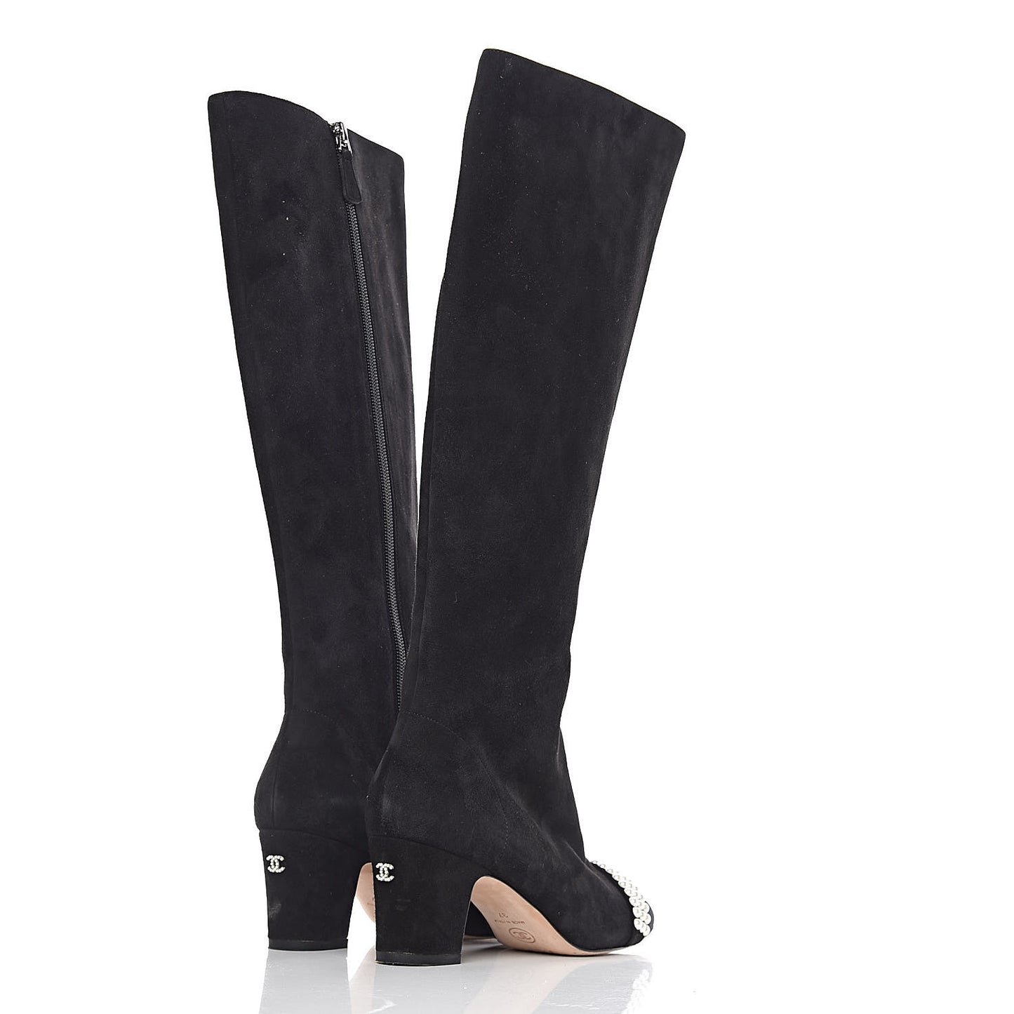 Suede Grosgrain Pearl CC Cap Toe High Boots 37 Black