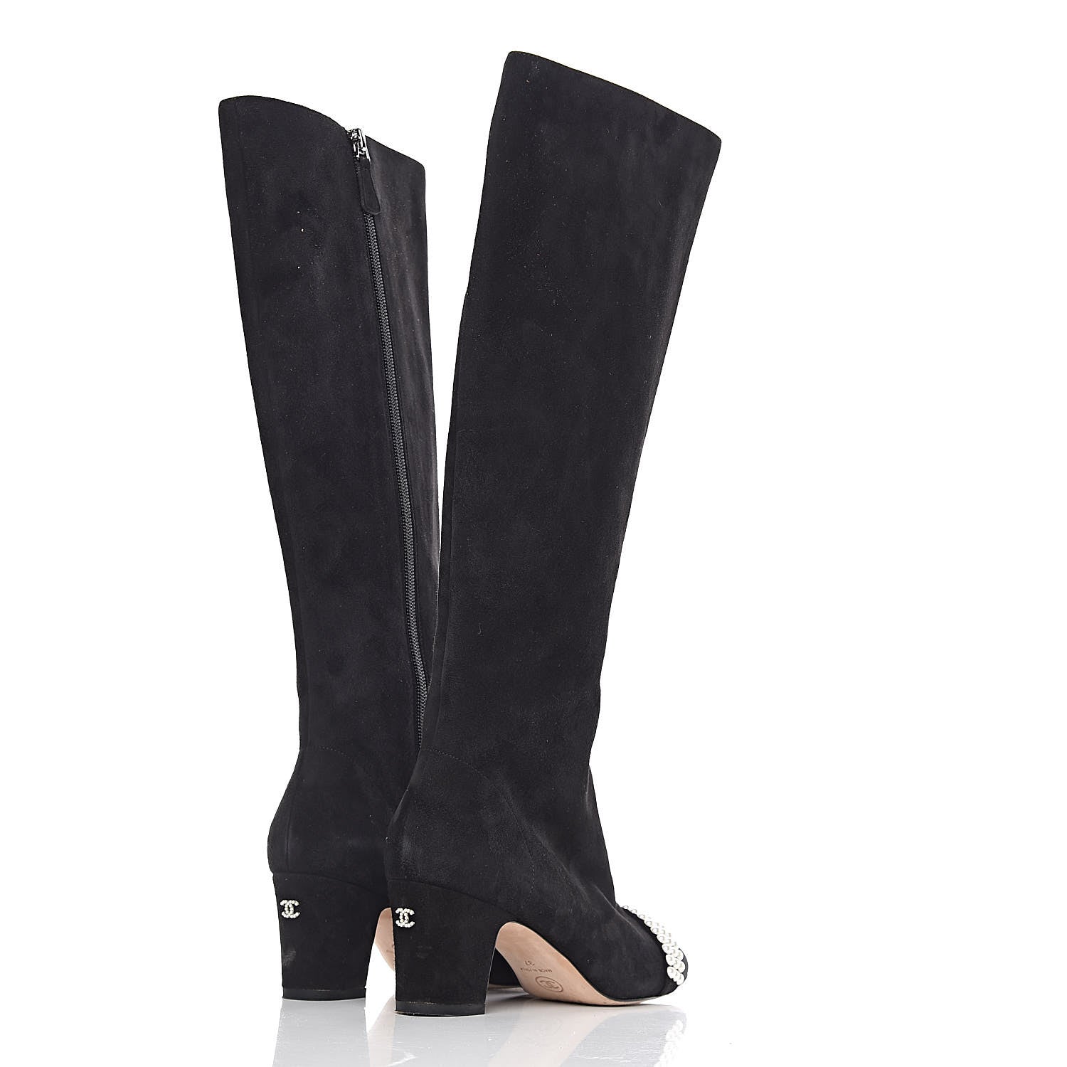 Chanel Suede Grosgrain Pearl CC Cap Toe High Boots 37 Black 4 of 17