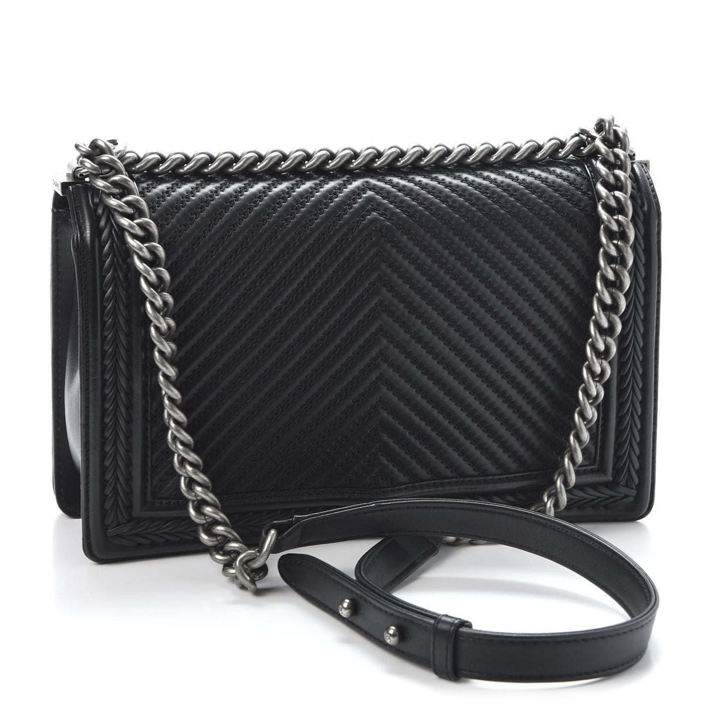 Calfskin Chevron Quilted New Medium Braided Boy Flap Black