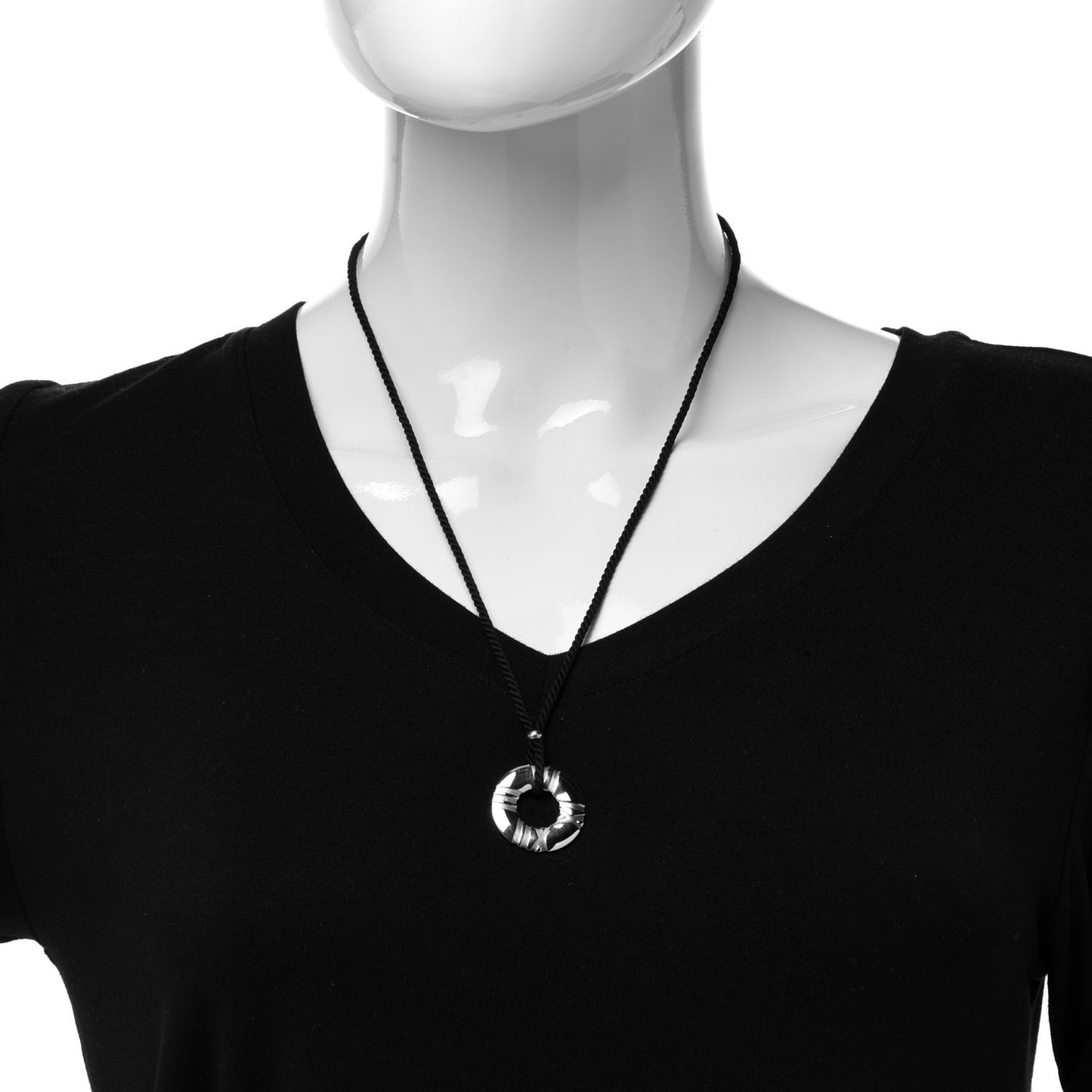 Sterling Silver Atlas Circle Pendant Cord Necklace Black