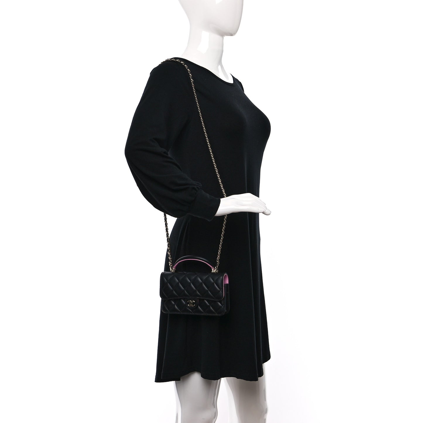 Lambskin Quilted Flap Phone Holder With Chain Black Lilac