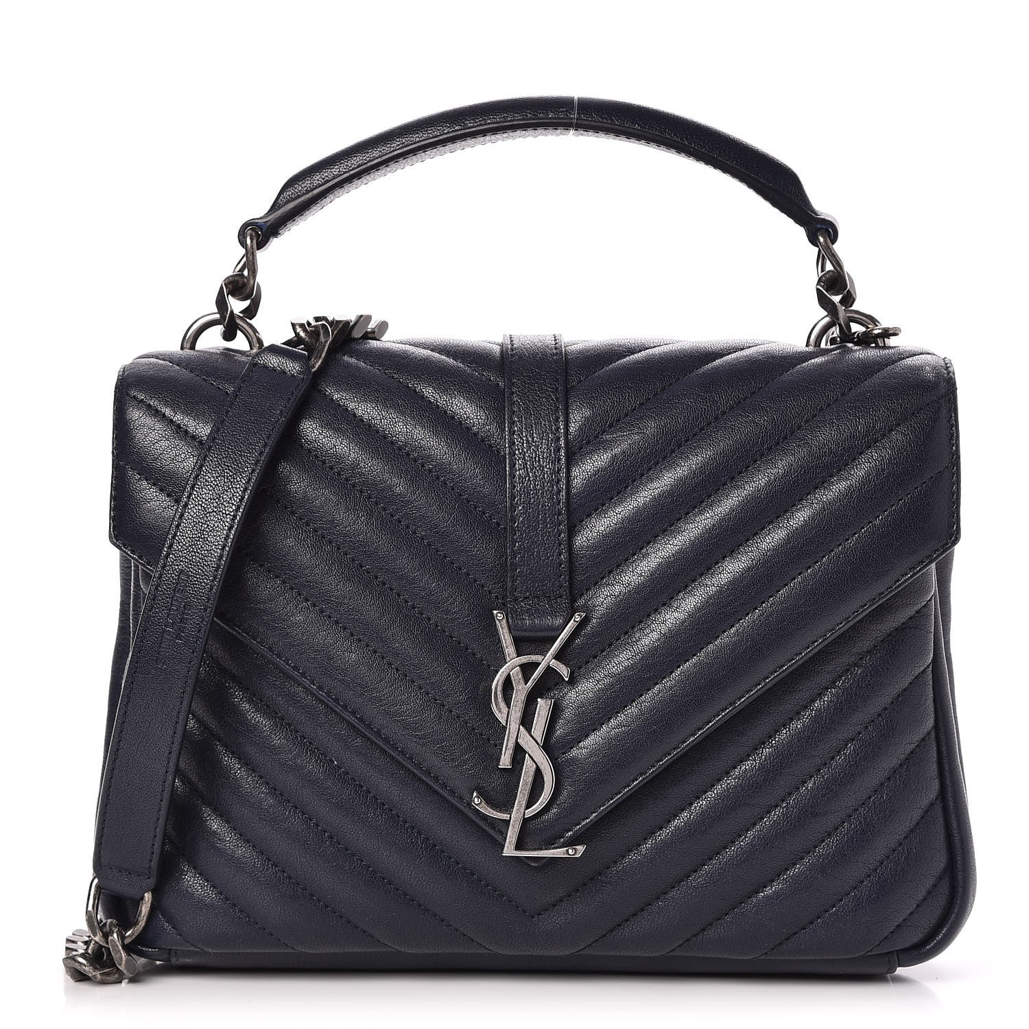 Saint Laurent Sheepskin Matelasse Chevron Monogram Medium College Bag Deep Marine 1 of 7