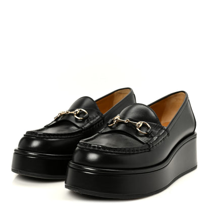 Gucci Kama Calfskin Horsebit Womens Wedge Platform Loafers 37.5 Black 4 of 11