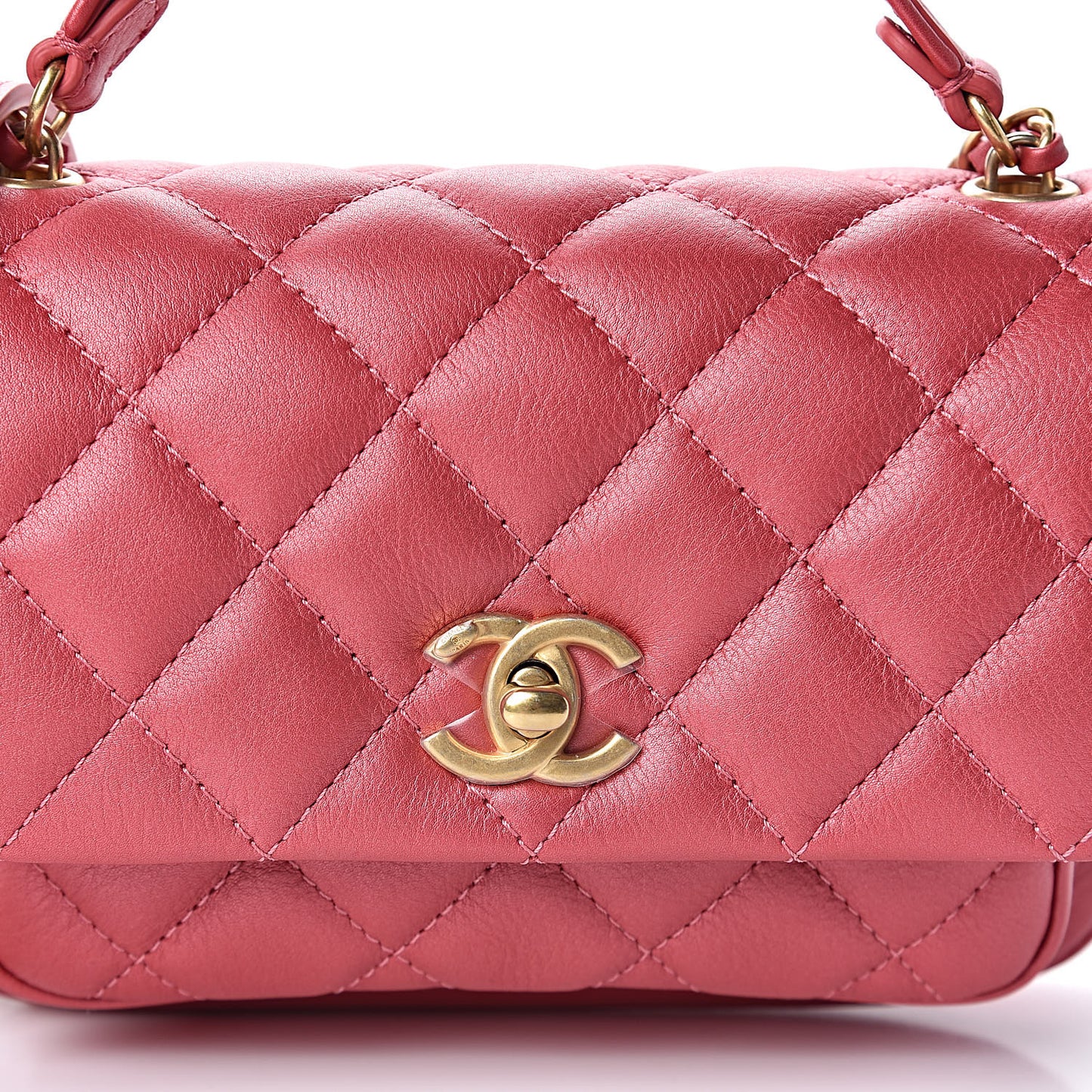 Metallic Calfskin Quilted Handle Flap Bag Dark Pink