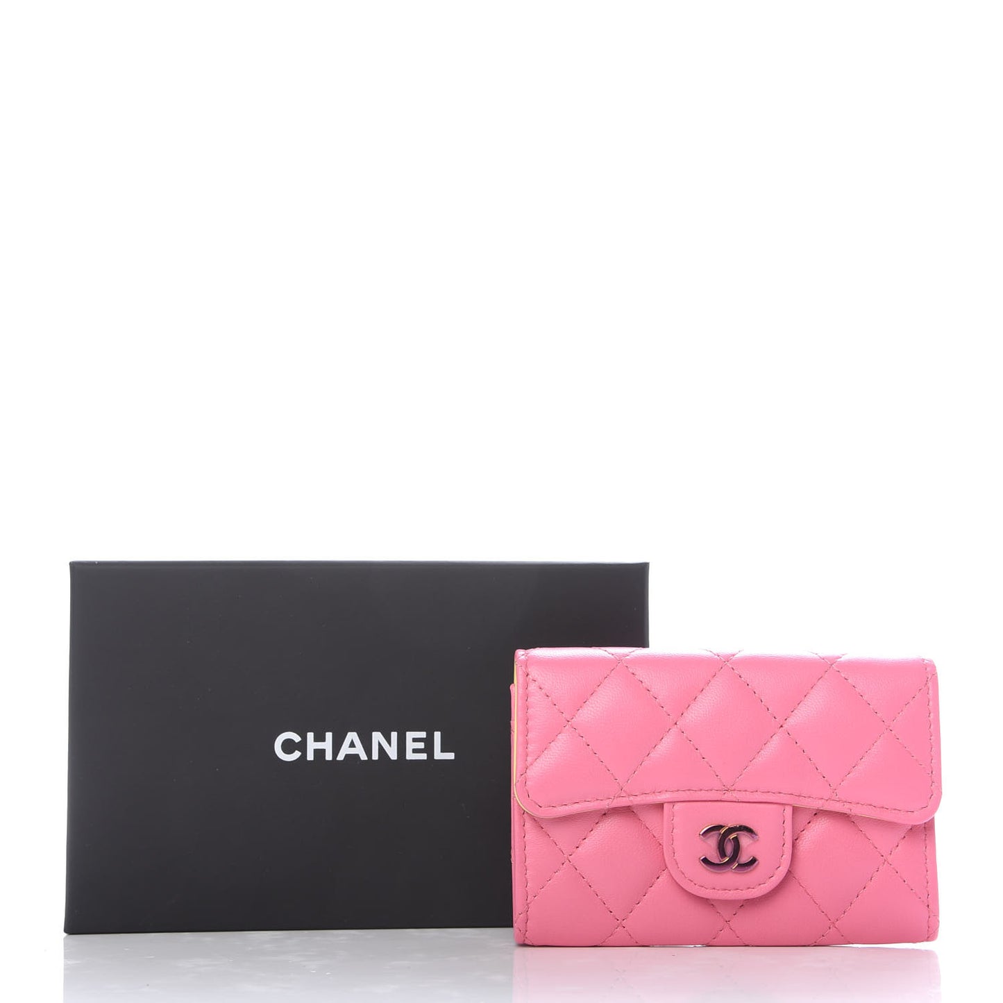 Lambskin Quilted Flap Card Holder Wallet Pink Yellow