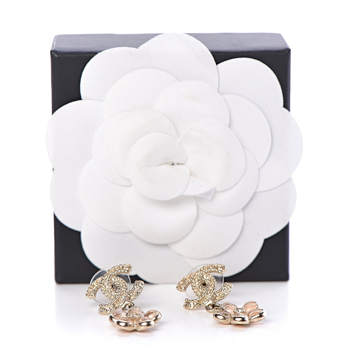 Resin Crystal CC Camellia Drop Earrings Gold Beige