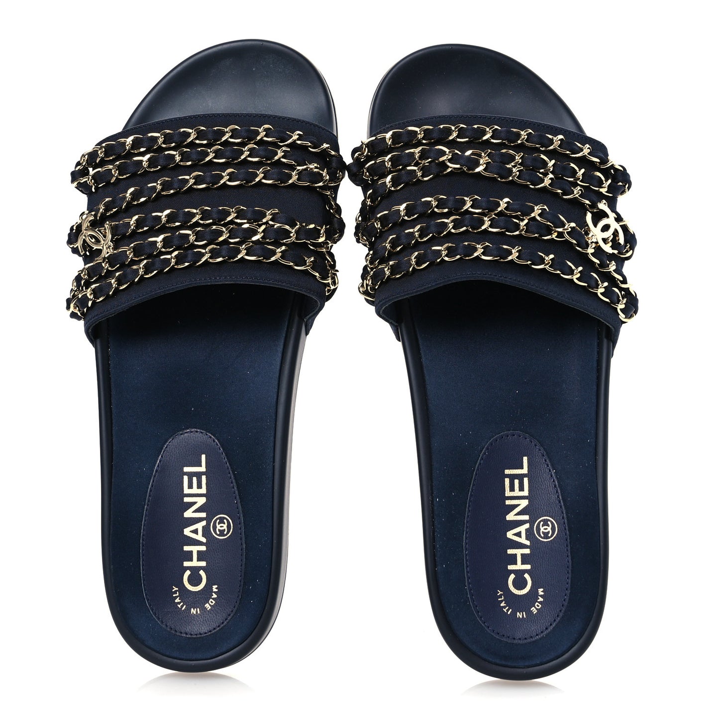 Satin Canvas Chain Slides Sandals Flats 40 Marine