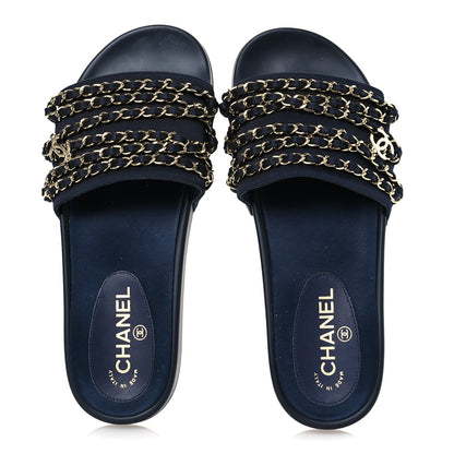 Chanel Satin Canvas Chain Slides Sandals Flats 40 Marine 2 of 12