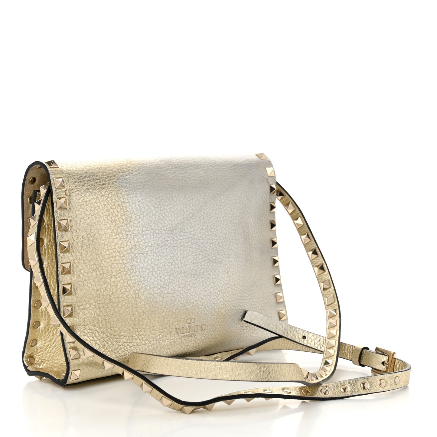 Metallic Pebbled Calfskin Medium Rockstud Flip Lock Crossbody Bag Platino