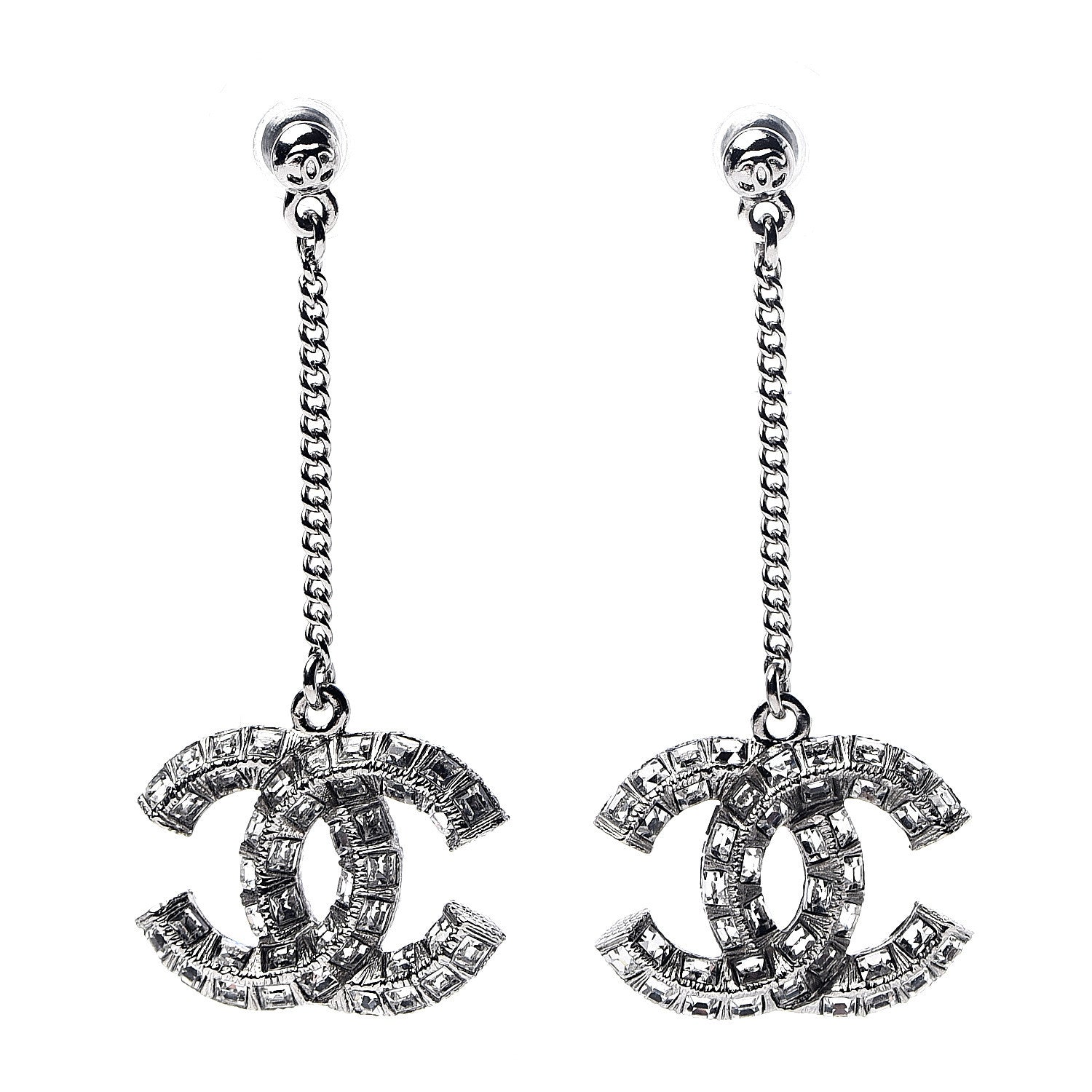 Chanel Baguette Crystal CC Drop Earrings Silver 1 of 4