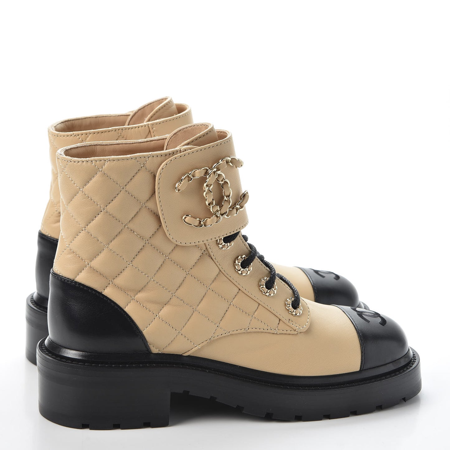 Lambskin Calfskin Quilted Lace Up Combat Boots 36.5 Beige Black