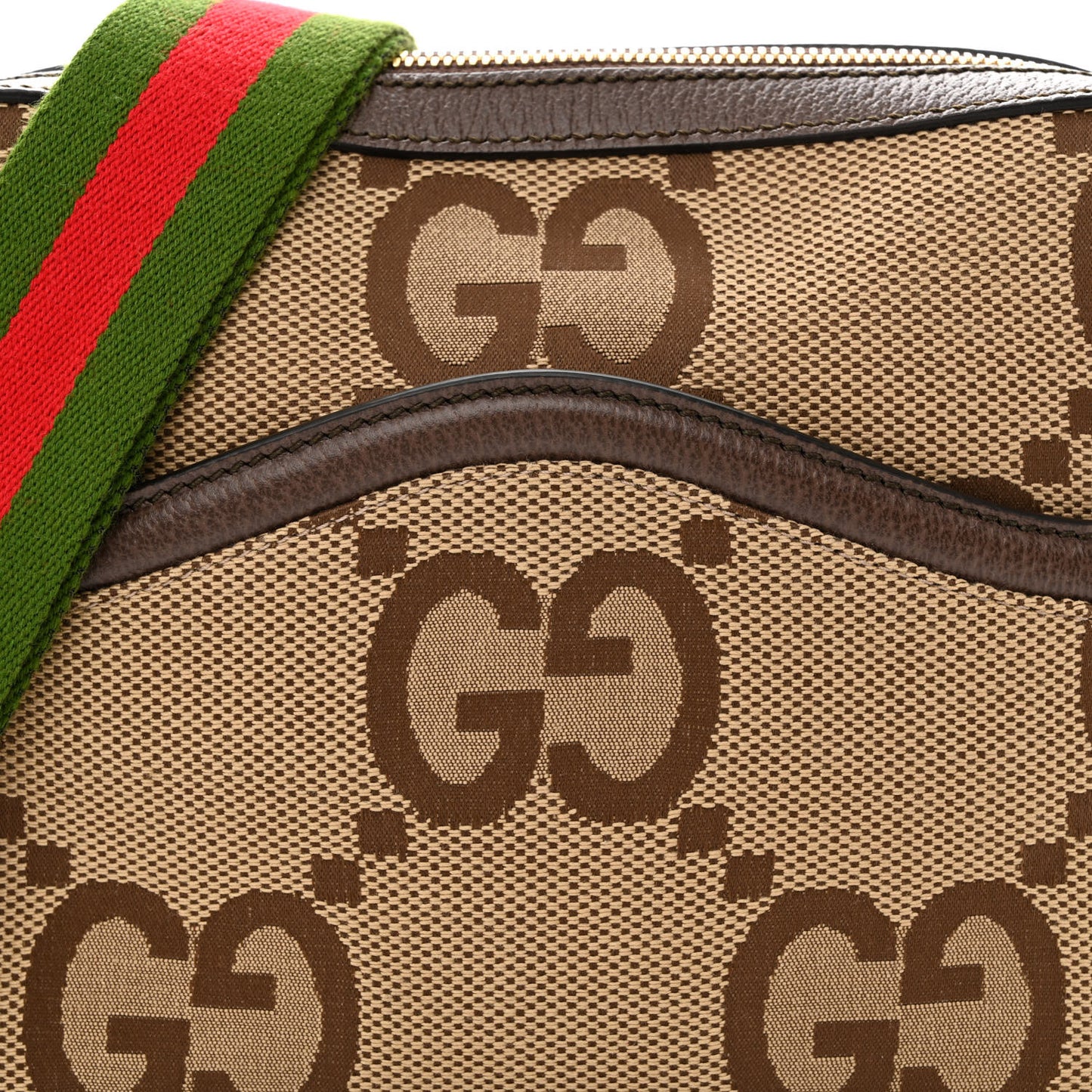 Monogram Jumbo GG Textured Dollar Calfskin Web Messenger Shoulder Bag Camel Ebony New Acero