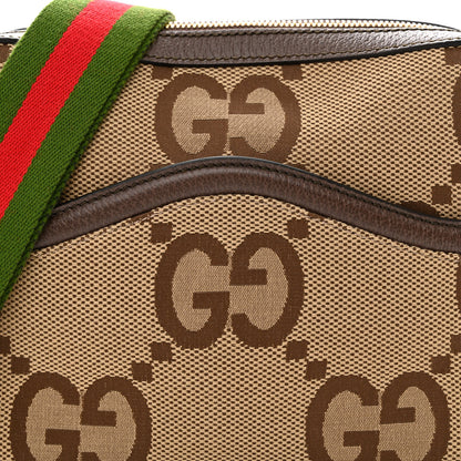 Gucci Monogram Jumbo GG Textured Dollar Calfskin Web Messenger Shoulder Bag Camel Ebony New Acero 8 of 10