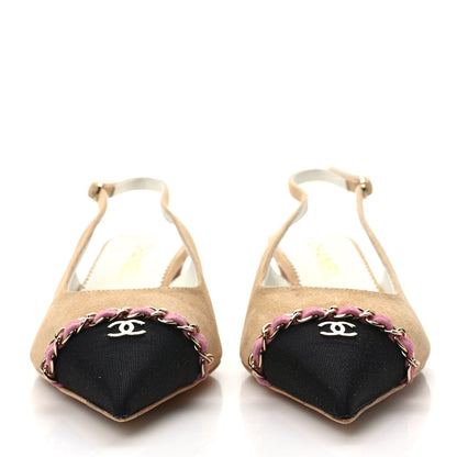Chanel Suede Grosgrain Cap Toe CC Chain Slingback Pumps 37 Beige Black Pink 2 of 9