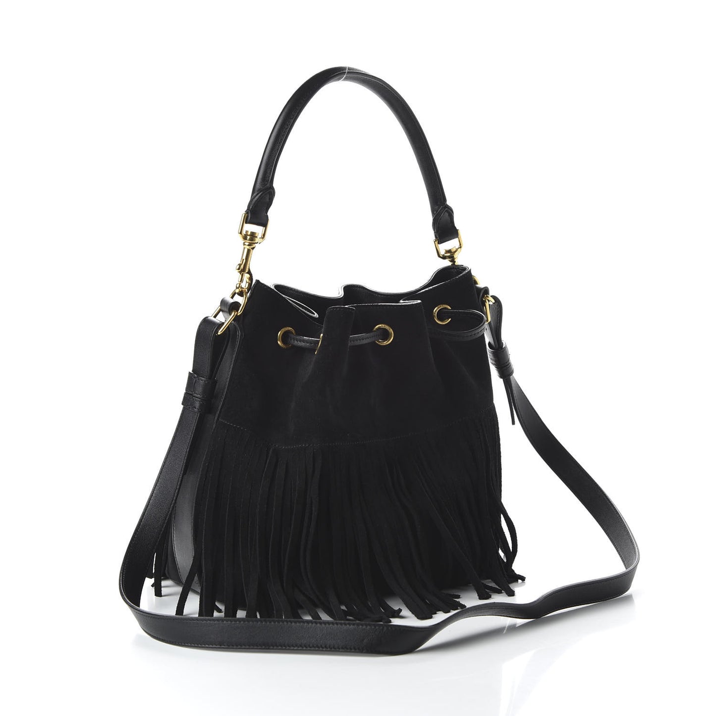 Suede Calfskin Small Emmanuelle Fringe Bucket Bag Black