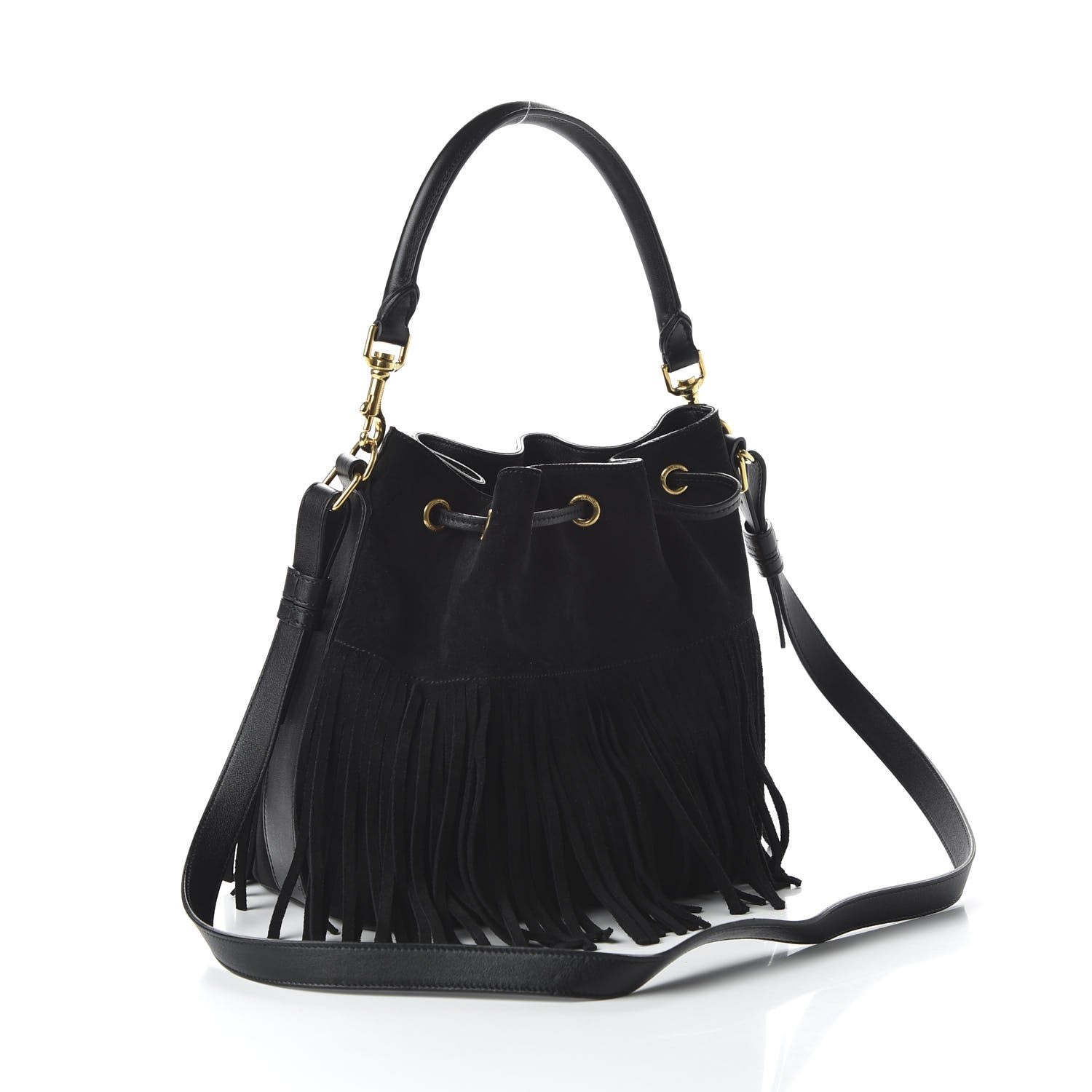 Saint Laurent Suede Calfskin Small Emmanuelle Fringe Bucket Bag Black 4 of 10