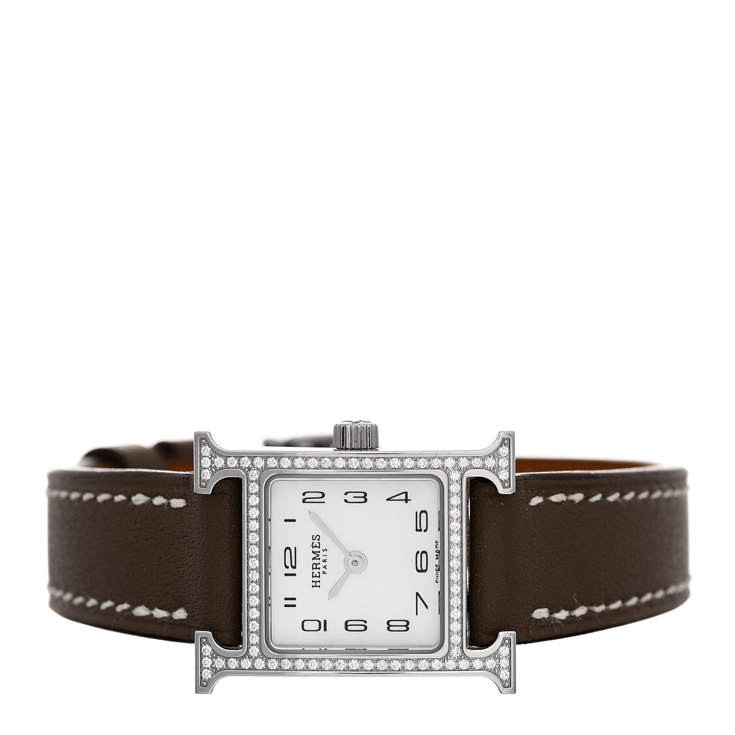 Hermes Stainless Steel Swift Diamond Bezel Mother of Pearl 17.2mm Heure H Hour Quartz Watch Etoupe 2 of 5