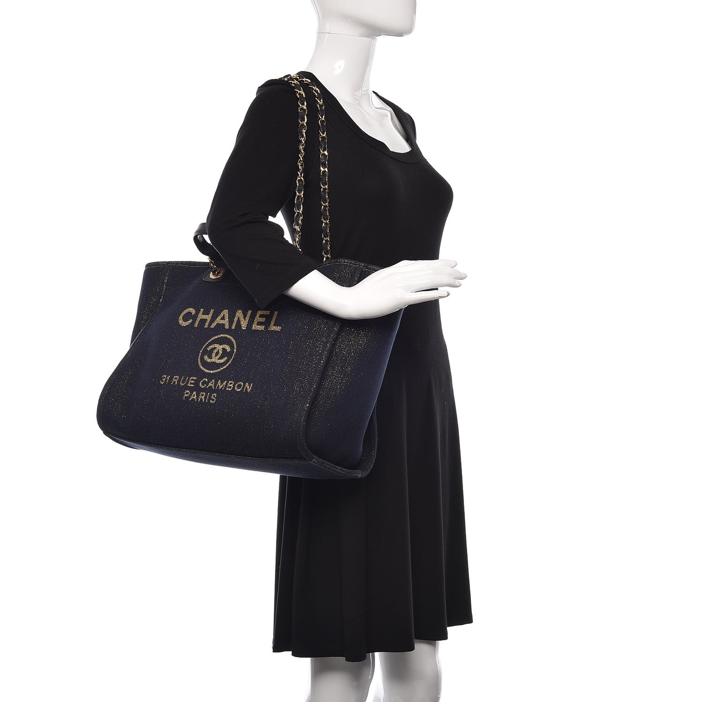 Lurex Canvas Medium Deauville Tote Navy Blue Gold