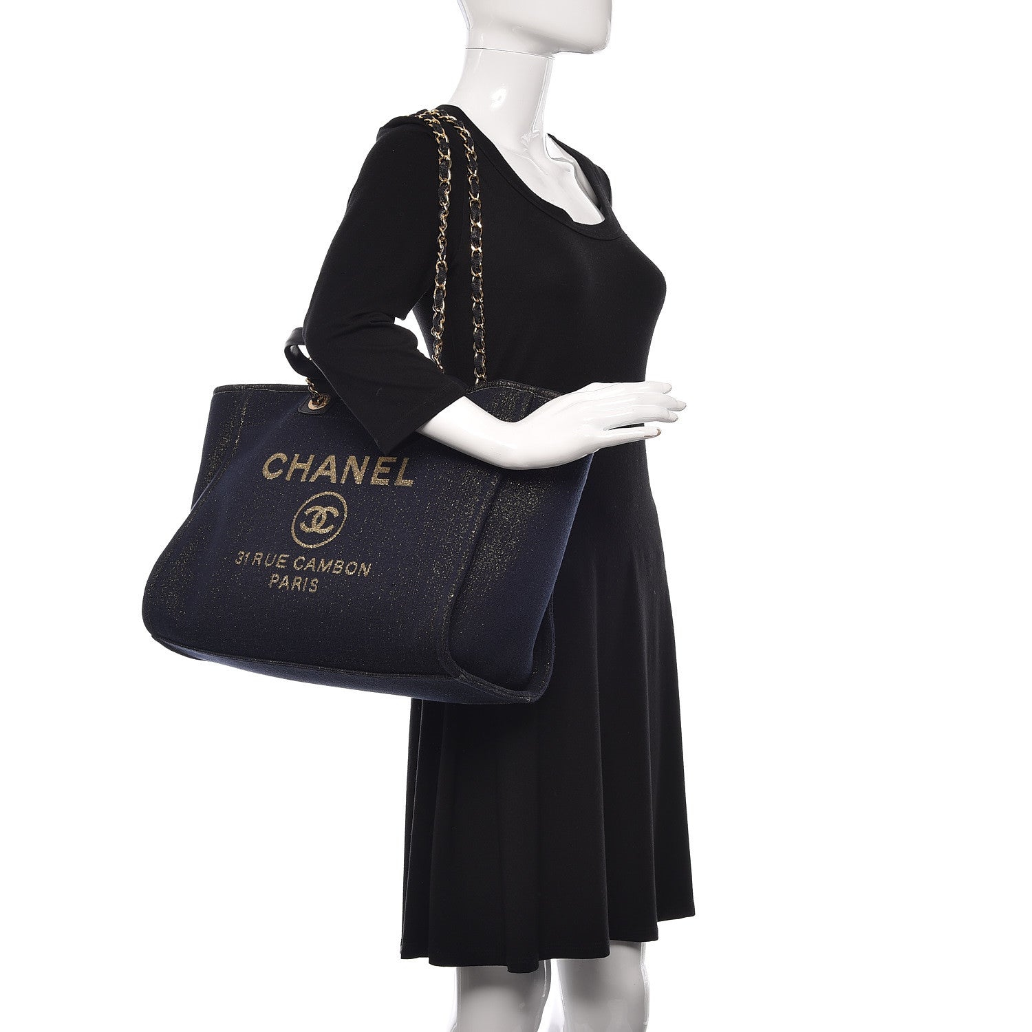 Chanel Lurex Canvas Medium Deauville Tote Navy Blue Gold 2 of 13