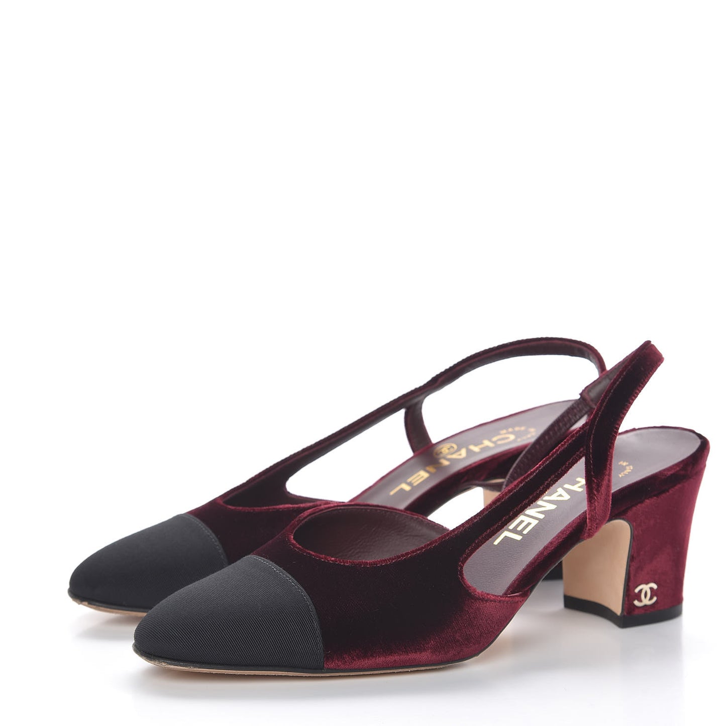 Velvet Grosgrain Cap Toe CC Slingback Pumps 35.5 Burgundy Black