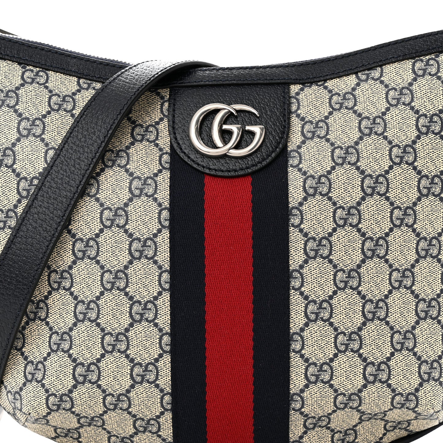 GG Supreme Monogram Textured Dollar Calfskin Web Small Ophidia Half Moon Hobo Beige Blue