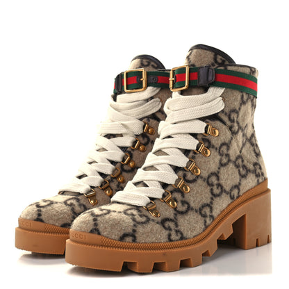 Gucci Covered Wool GG Monogram Womens Lace Up Combat Ankle Boots 39 Beige Ebony Black 3 of 12