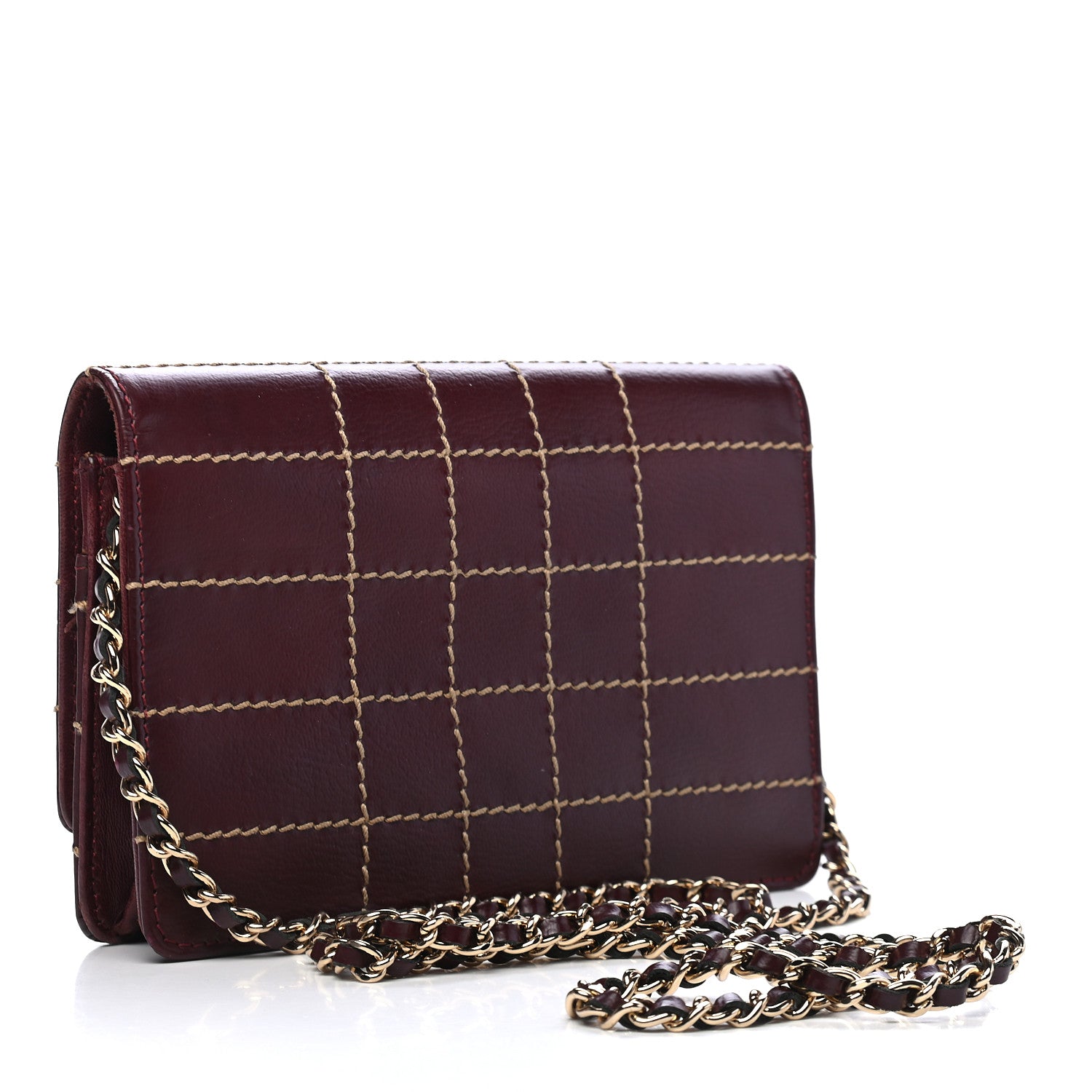 Chanel Calfskin Stitched Square Quilted Wallet On Chain WOC Burgundy 2 of 13