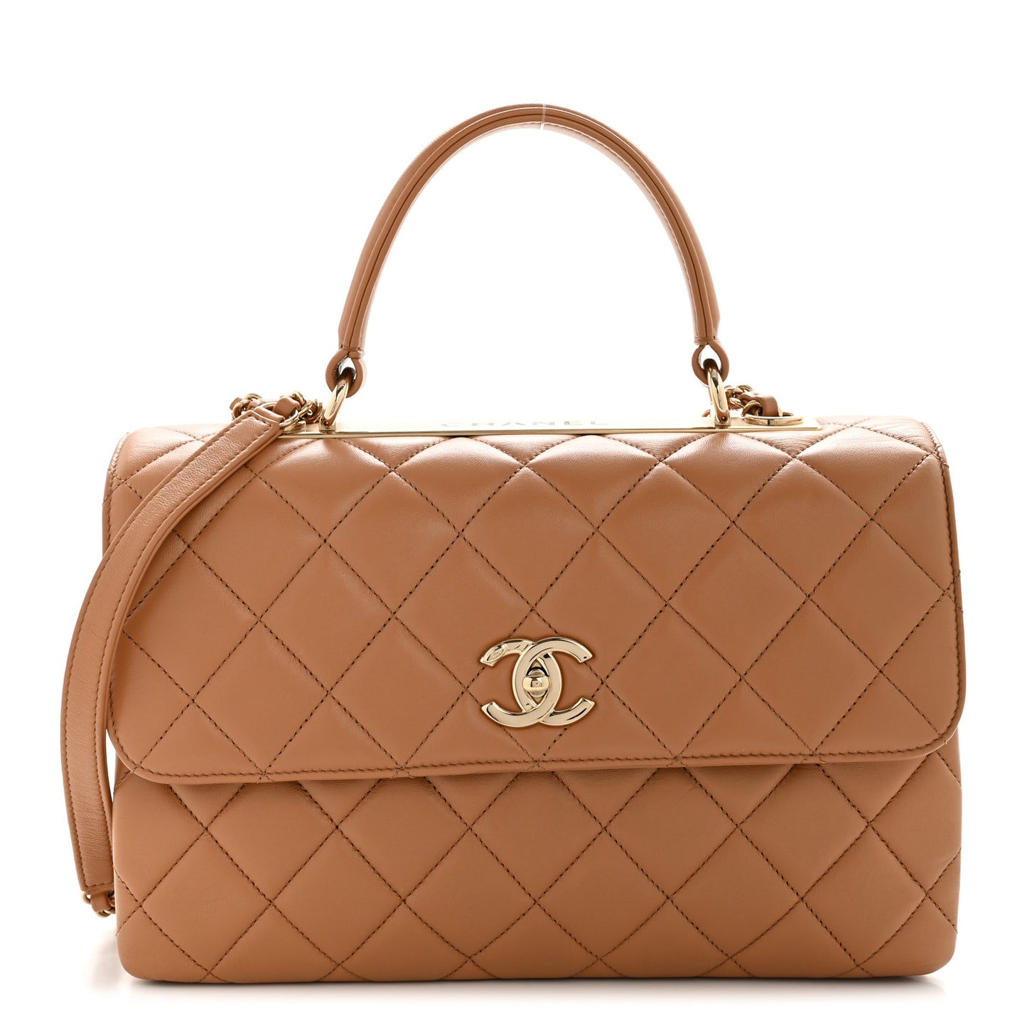 Lambskin Quilted Medium Trendy CC Flap Dual Handle Bag Camel