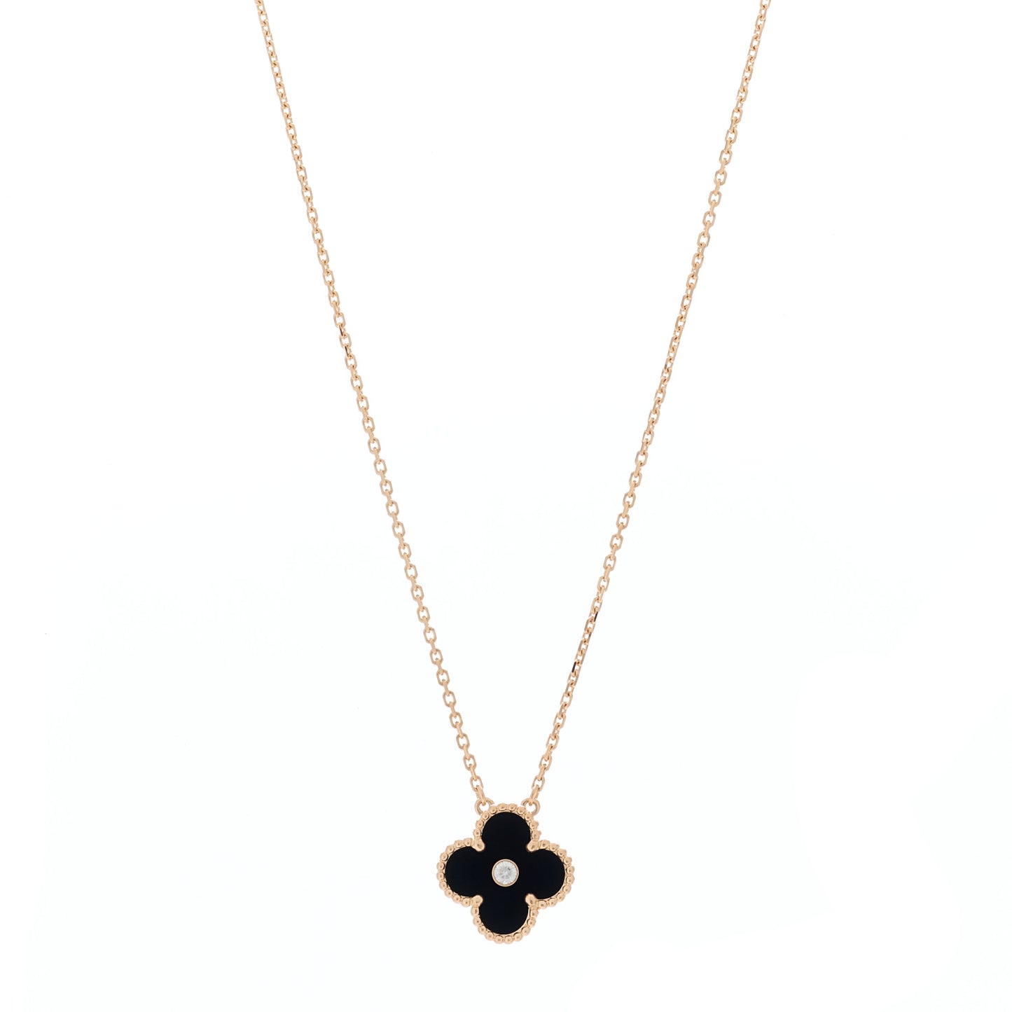 18K Rose Gold Diamond Black Onyx Vintage Alhambra Pendant Necklace