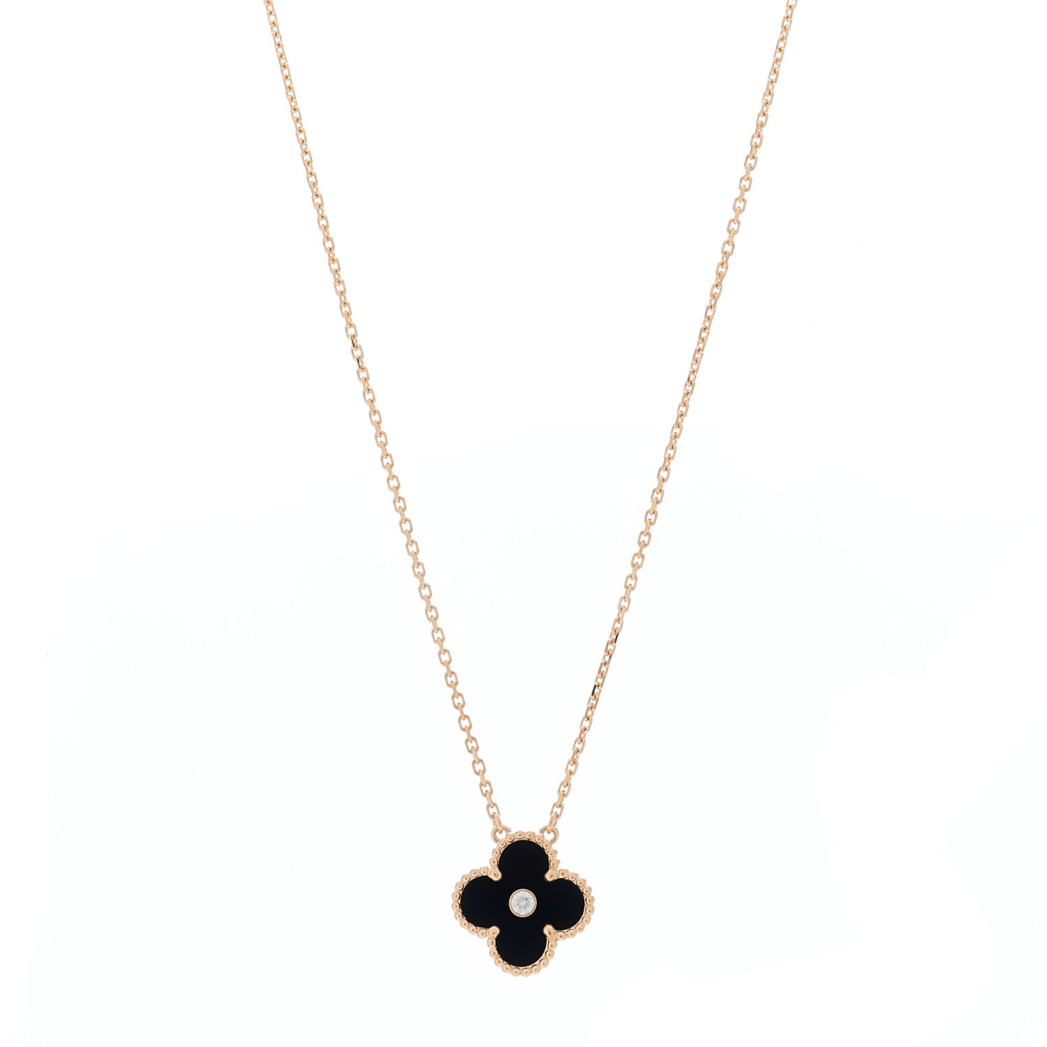 Van Cleef & Arpels 18K Rose Gold Diamond Black Onyx Vintage Alhambra Pendant Necklace 1 of 5