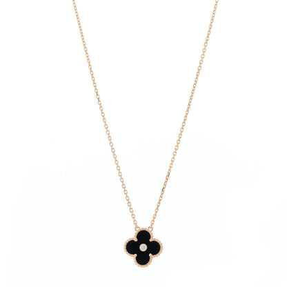 Van Cleef & Arpels 18K Rose Gold Diamond Black Onyx Vintage Alhambra Pendant Necklace 1 of 5