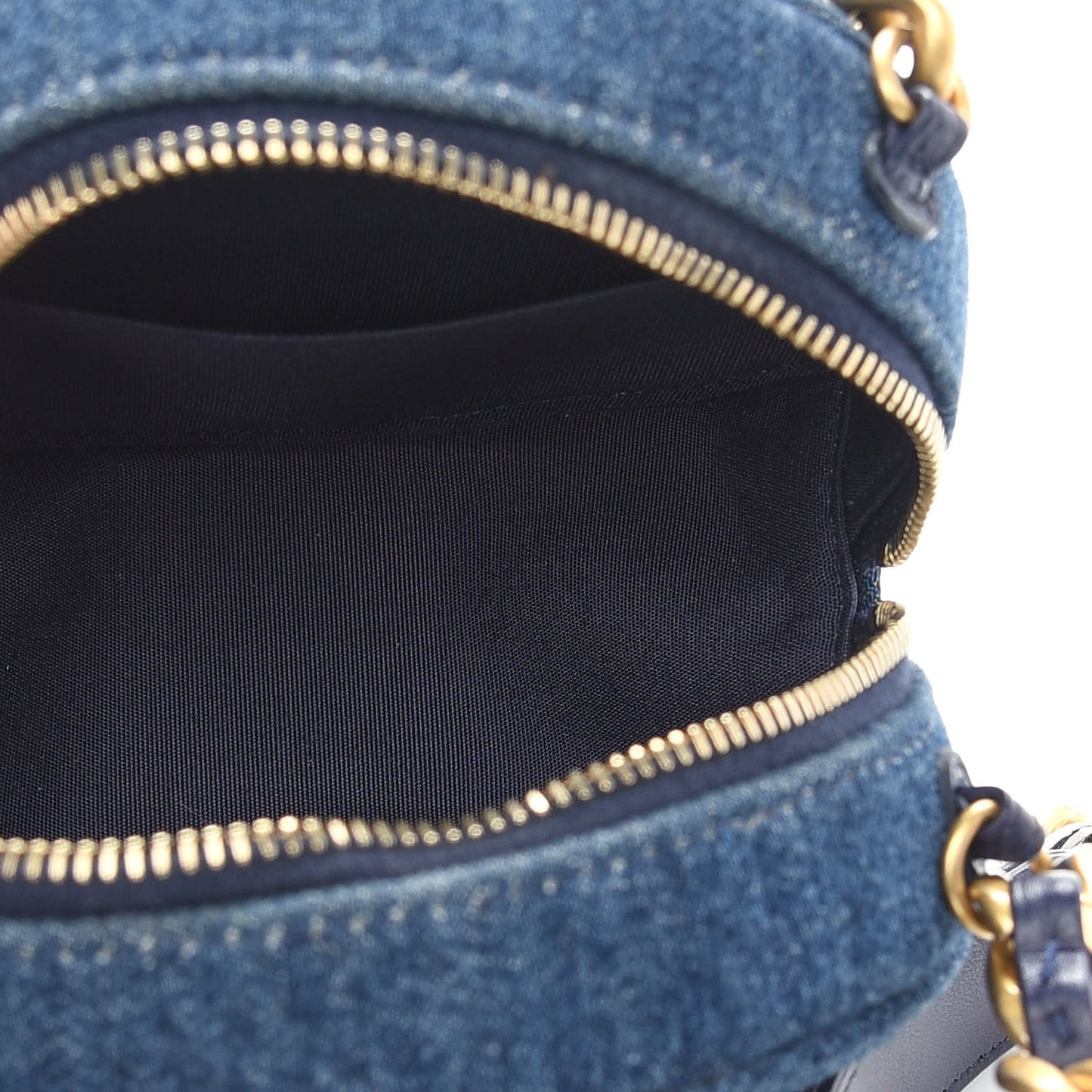 Denim Quilted Chanel 19 Round Clutch With Chain Blue