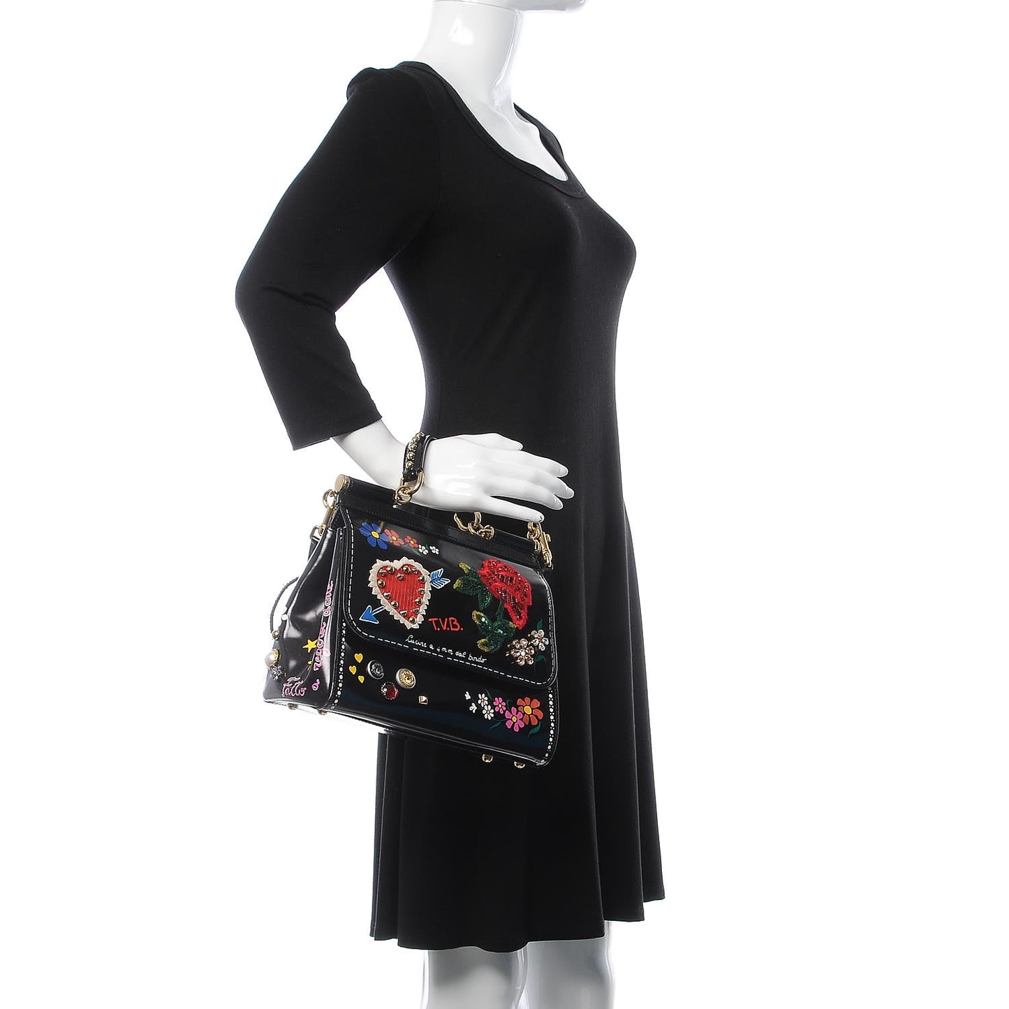Glazed Calfskin Embroidered Medium Heart Flower Miss Sicily Satchel Black