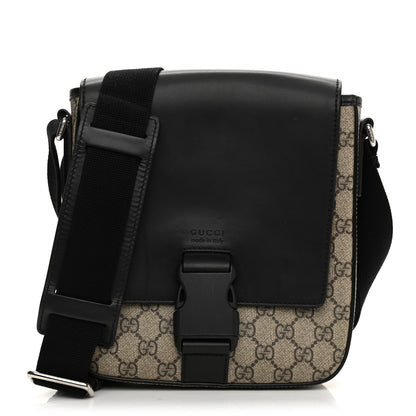 Gucci GG Supreme Monogram Single Buckle Flap Messenger Bag Beige Black 1 of 13