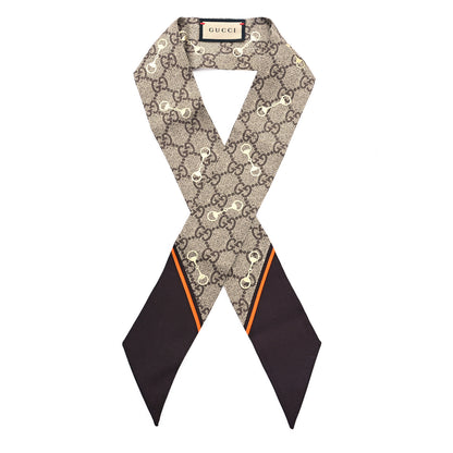 Gucci Silk Twill GG Monogram Gold Horsebity Neck Bow Scarf Brown Orange 1 of 3