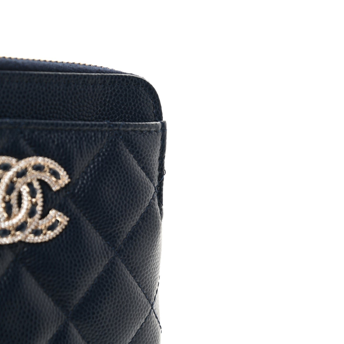 Caviar Quilted Crystal Zip Card Holder Wallet Navy