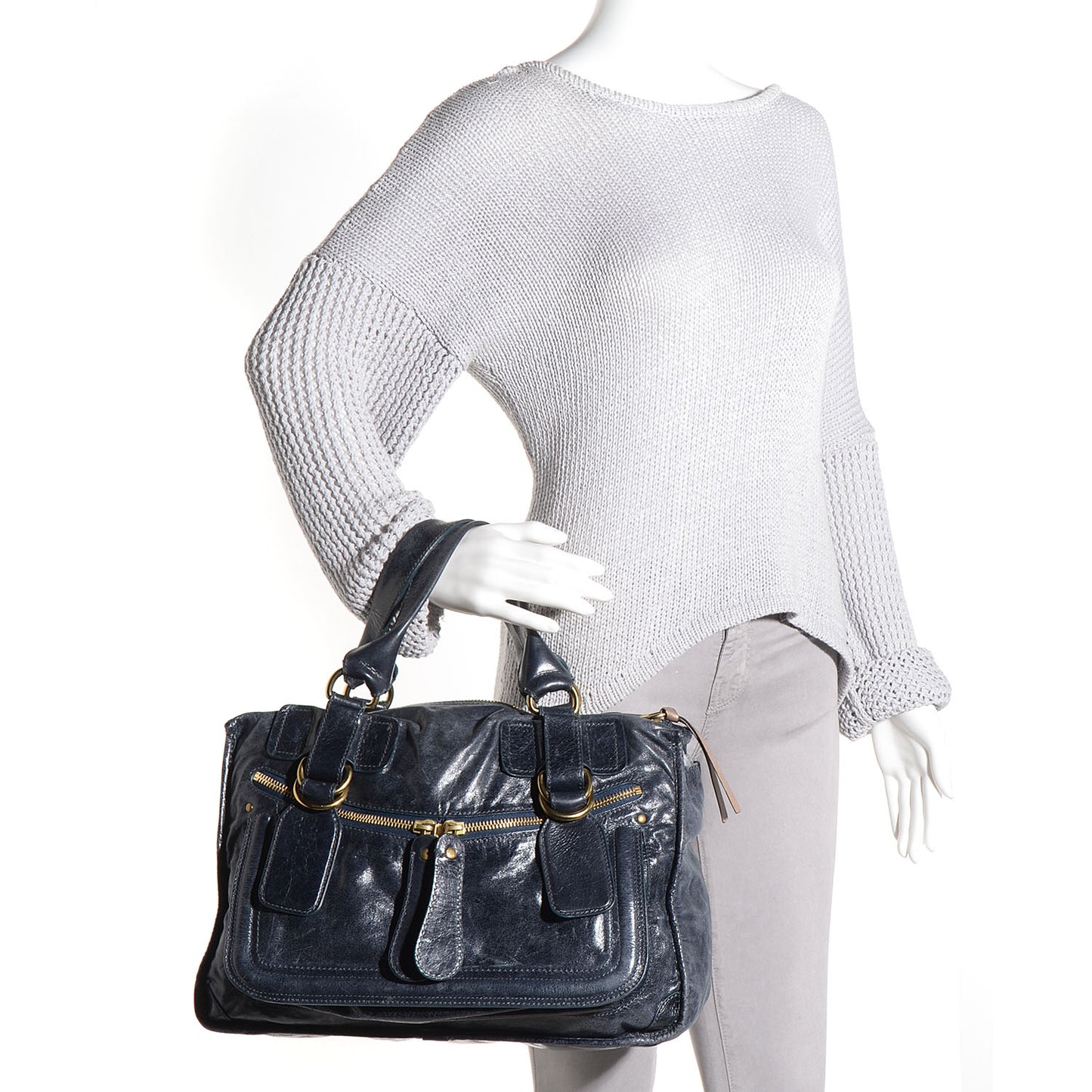 Leather Large Bay Tote Metallic Navy