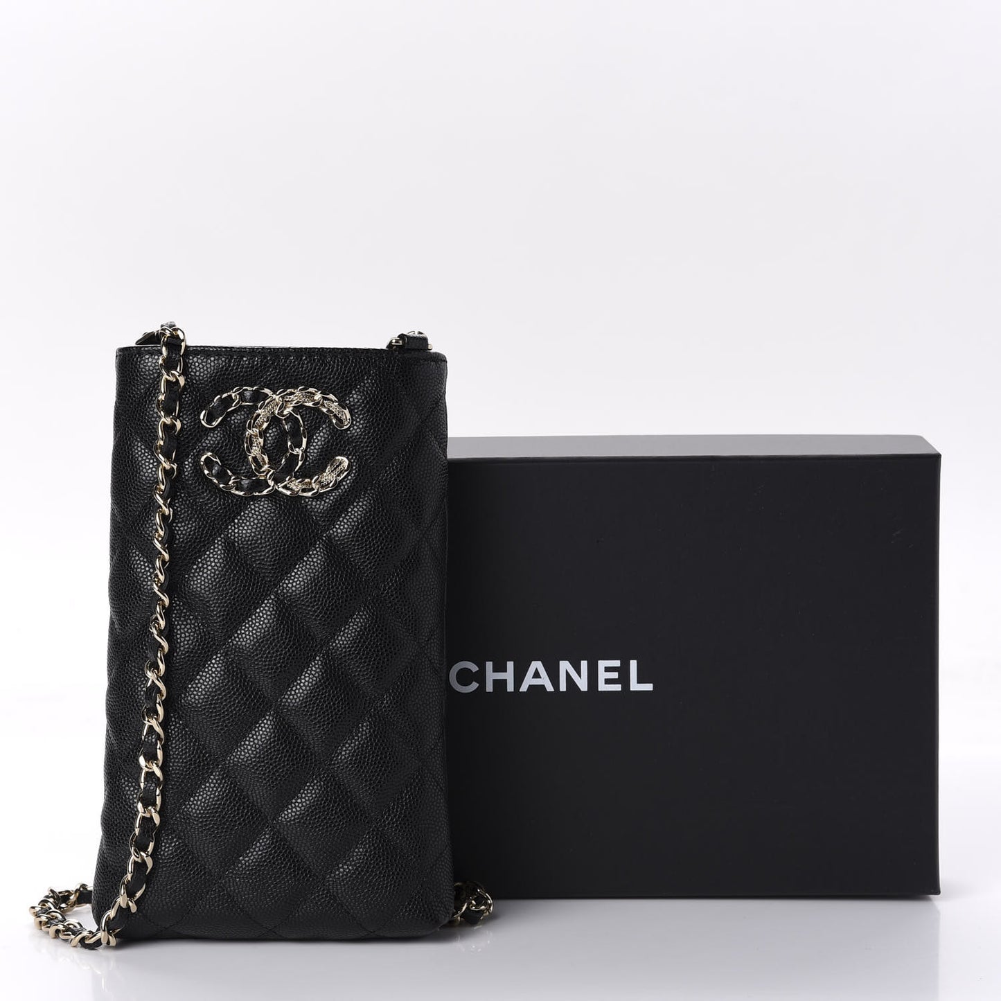 Caviar Quilted French New Wave Phone Holder With Chain Black