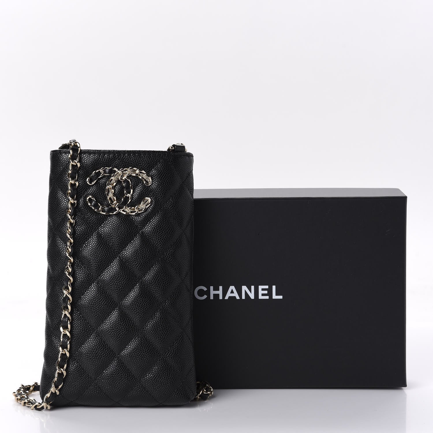Chanel Caviar Quilted French New Wave Phone Holder With Chain Black 12 of 12