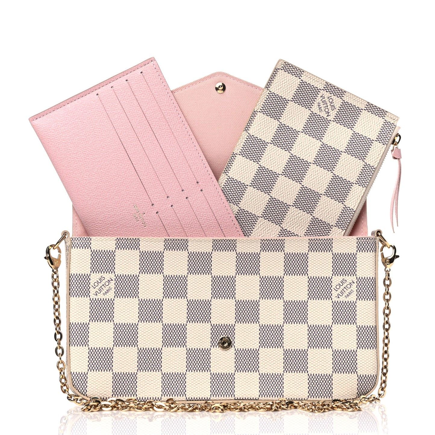 Damier Azur Pochette Felicie Chain Wallet Rose Ballerine