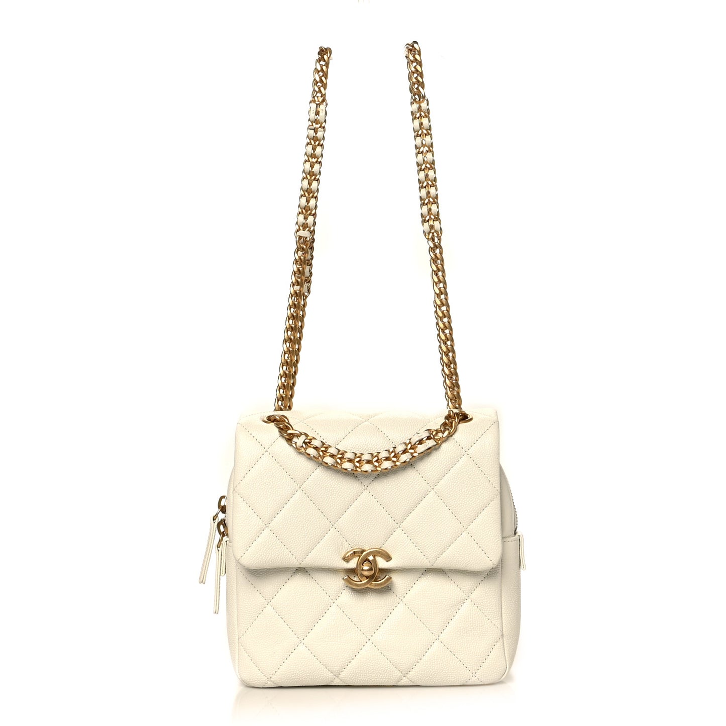 Shiny Caviar Quilted Chain Melody Backpack White
